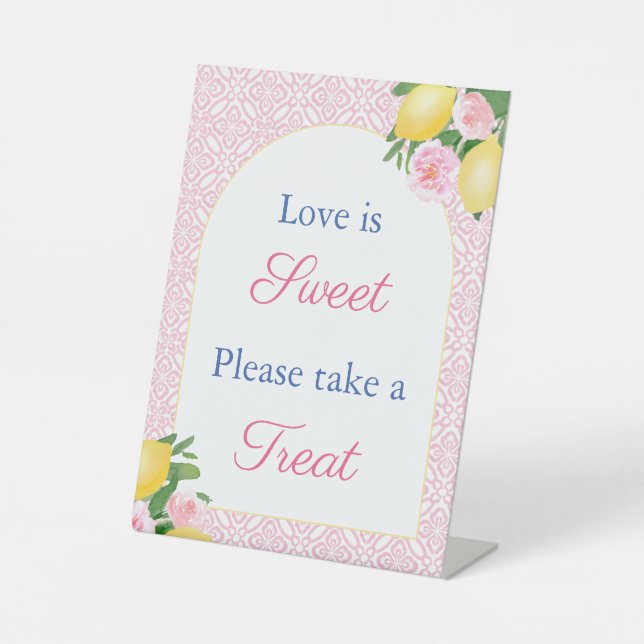 Girly Pink Lemon Take A Treat Bridal Shower Favor Pedestal Sign (Front)