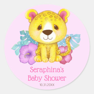Girly Pink Leopard Baby Shower Classic Round Sticker