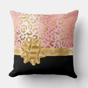 Girly Pink Leopard & Black Gold Bow Ribbon Throw Pillow
