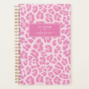 Girly Pink Leopard Elegant Script Name 2021 Planner