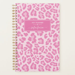 Girly Pink Leopard Elegant Script Name 2021 Planner