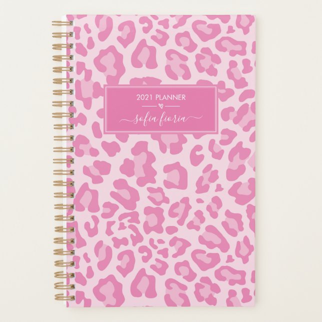 Girly Pink Leopard Elegant Script Name 2021 Planner (Front)