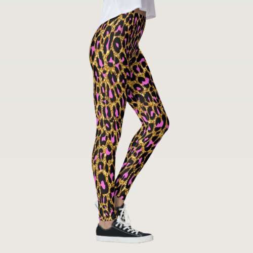 Girly Pink Leopard Gold Metallic Animal Print Leggings