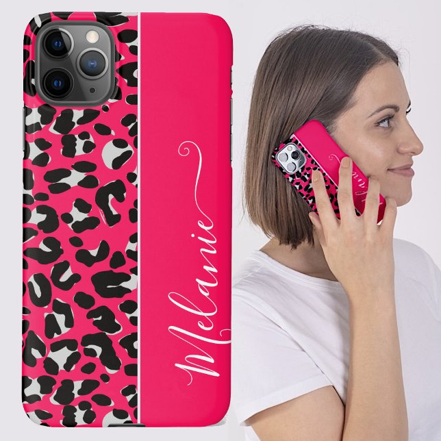 Girly Pink Leopard Pattern Background Custom Name iPhone Case (Creator Uploaded)