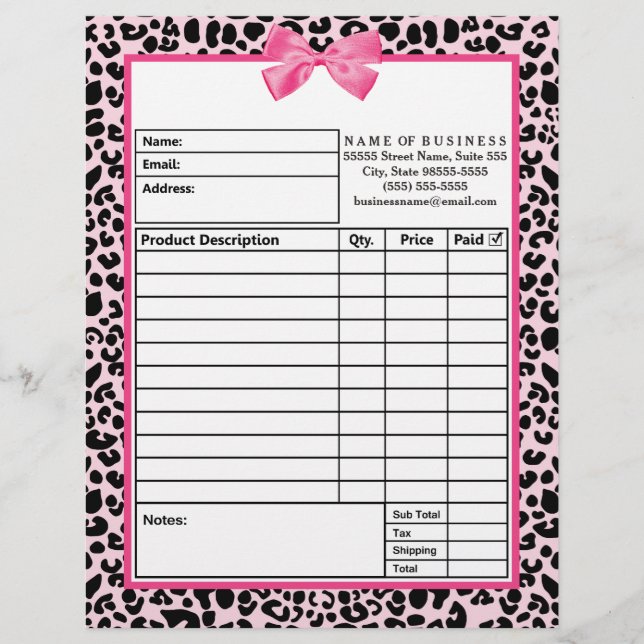 Girly Pink Leopard Print Bow Boutique Order Forms Letterhead (Front)