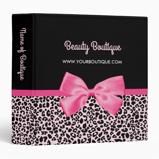 Girly Pink Leopard Print Cute Bow Beauty Boutique Binder (Front/Spine)