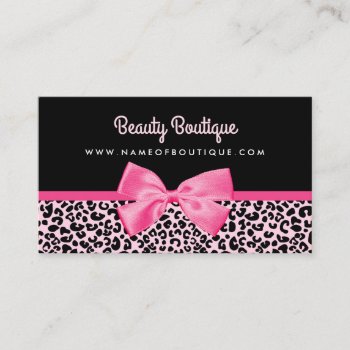 Girly Pink Leopard Print Cute Bow Beauty Boutique Business Card by GirlyBusinessCards at Zazzle
