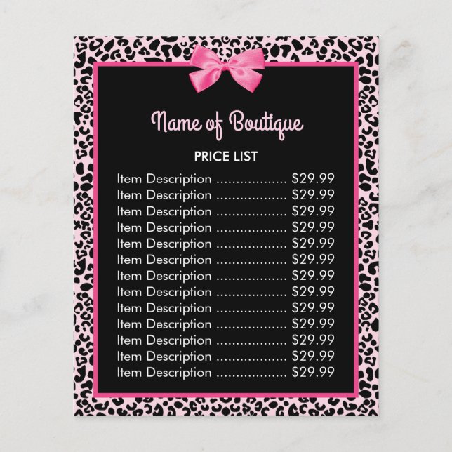 Girly Pink Leopard Print Cute Bow Boutique Price Flyer (Front)