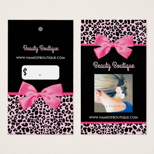 Girly Pink Leopard Print Cute Bow Photo Pricetag (Front & Back)
