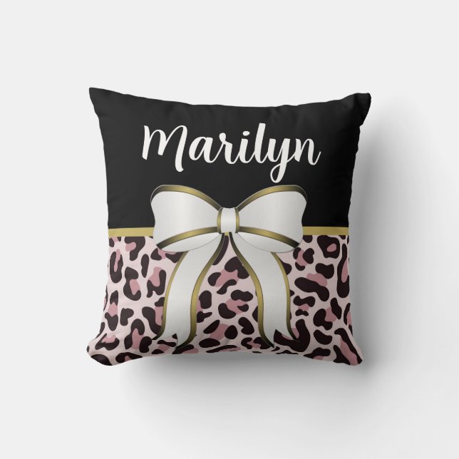 Girly Pink Leopard Print Girly Bow Name Rose Gold Throw Pillow (Front)