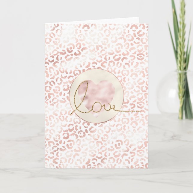 Girly Pink Leopard Print Heart Gold Glitter Love Card (Front)