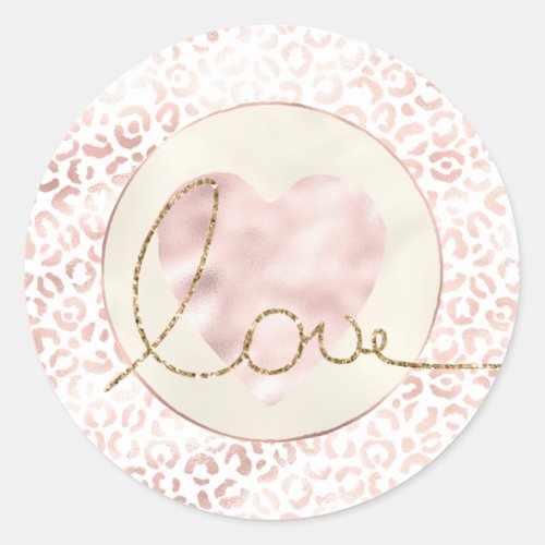 Girly Pink Leopard Print Heart Gold Glitter Love Classic Round Sticker