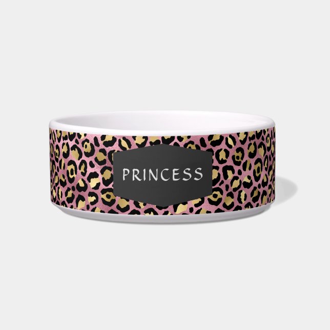 Girly Pink Leopard Skin Pattern Pet Dog Bowl (Front)