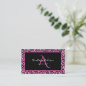 Girly Pink Leopard Spots Elegant Black Monogram Business Card (Standing Front)