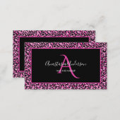 Girly Pink Leopard Spots Elegant Black Monogram Business Card (Front/Back)