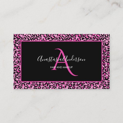 Girly Pink Leopard Spots Elegant Black Monogram Business Card