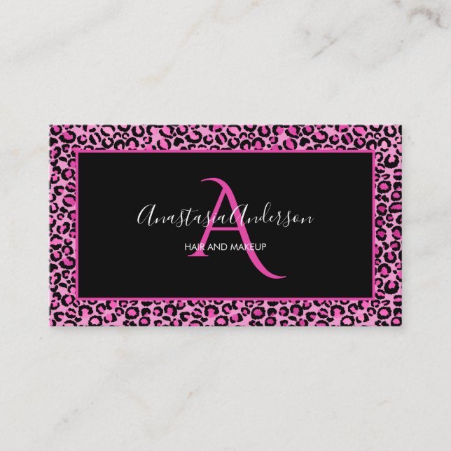 Girly Pink Leopard Spots Elegant Black Monogram Business Card (Front)