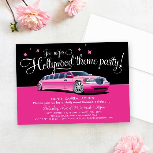 Girly Pink Limo Hollywood Theme Party Invitation