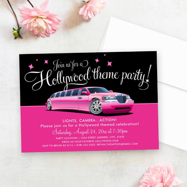 Girly Pink Limo Hollywood Theme Party Invitation (Creator Uploaded)