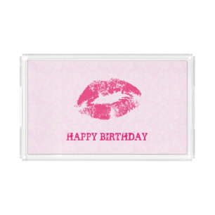 Girly Pink Lips And Floral Damask Acrylic Tray