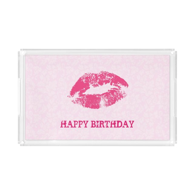 Girly Pink Lips And Floral Damask Acrylic Tray (Front)
