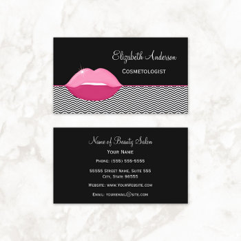 Girly Pink Lips Chevron Cosmetologist Business Card by GirlyBusinessCards at Zazzle