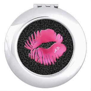 Girly Pink Lips Kiss Black Leopard Monogram Compact Mirror