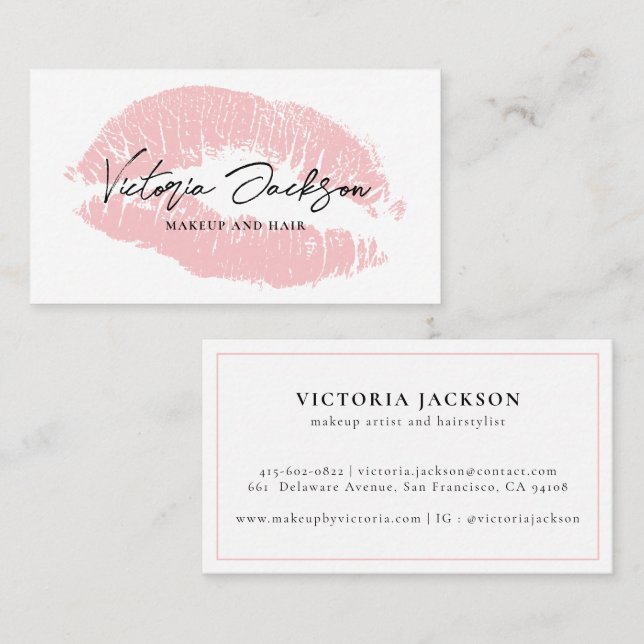 Girly Pink Lips Modern Elegant White Beauty Makeup Business Card (Front/Back)