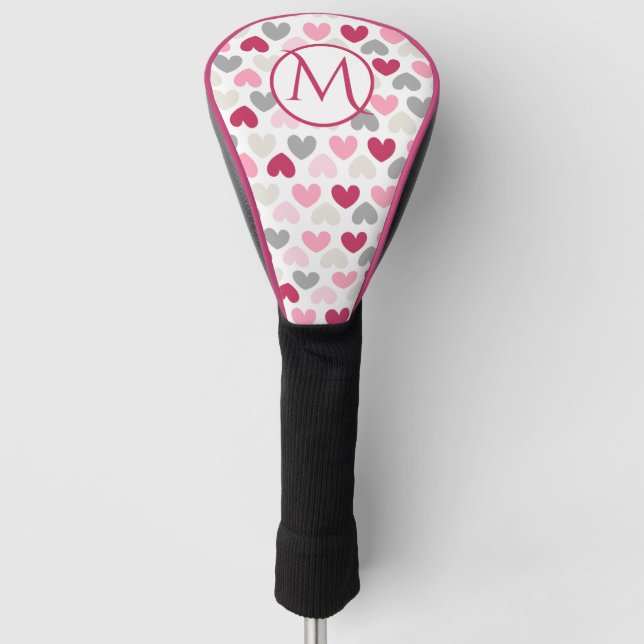 Girly Pink Love Heart Monogram Personalized Golf Head Cover (Front)