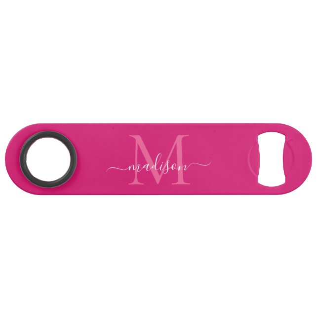Girly Pink Magenta White Monogram Elegant Script Bar Key (Front (Horizontal))