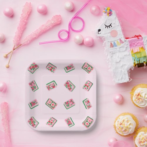 Girly Pink Mahjong Floral tiles Paper Plates