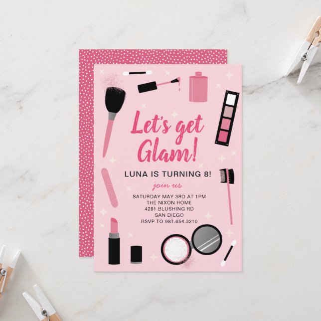 Girly Pink Makeup Glamour Birthday Invitation (Front/Back In Situ)