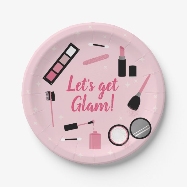 Girly Pink Makeup Glamour Birthday Paper Plates (Front)