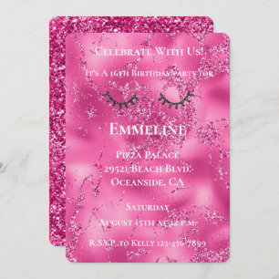 Girly Pink Marble Glitzy Black Glitter Eyelashes Invitation