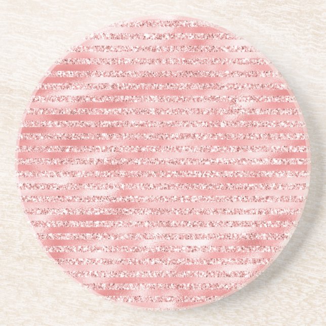 Girly Pink Melon Glitter Stripes Coaster (Front)