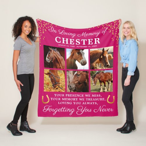 Girly Pink Memorial Horse Photo Fleece Blanket - Girly pink horse photo fleece blanket featuring 6 precious pictures of your beloved pet animal, gold horseshoes & glitter, the text "in loving memory of", your horses name, birth/death dates, and the sympathy quote "your presence we miss, your memory we treasure, loving you always, forgetting you never".