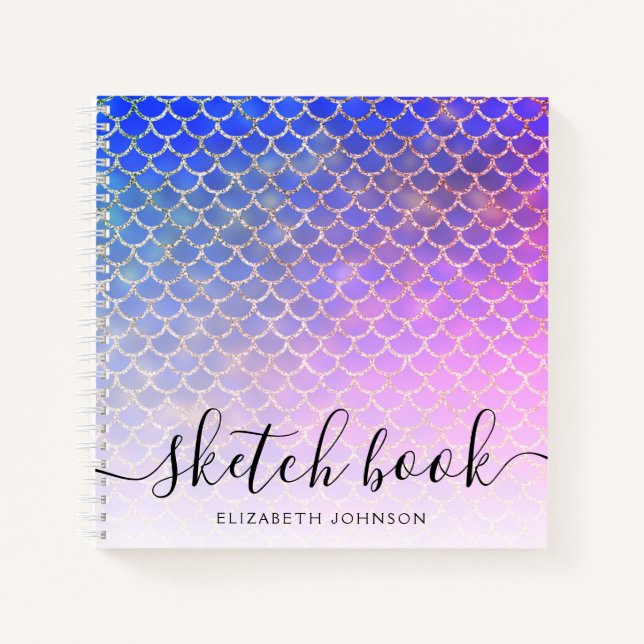 Girly Pink Mermaid Gold Glitter Name Sketchbook Notebook (Front)