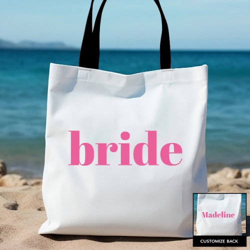 Girly Pink Minimalist Bride with Personalized Back Tote Bag