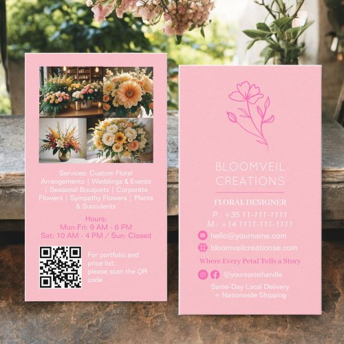Girly pink minimalist florist photos qr code business card