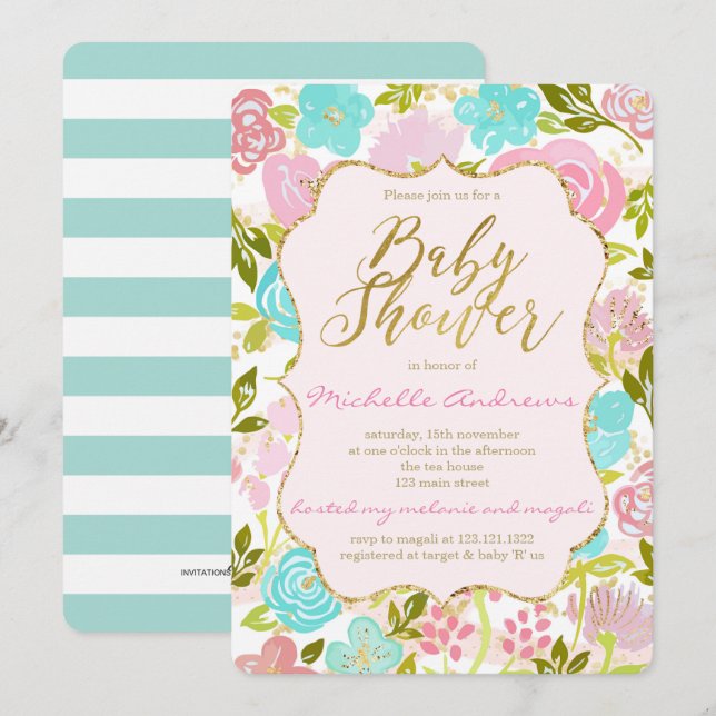 Girly Pink Mint Gold Baby Shower Invitation (Front/Back)