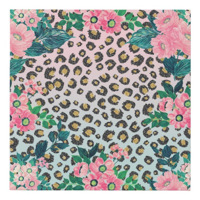 Girly Pink Mint Ombre Floral Glitter Leopard Print (Front)