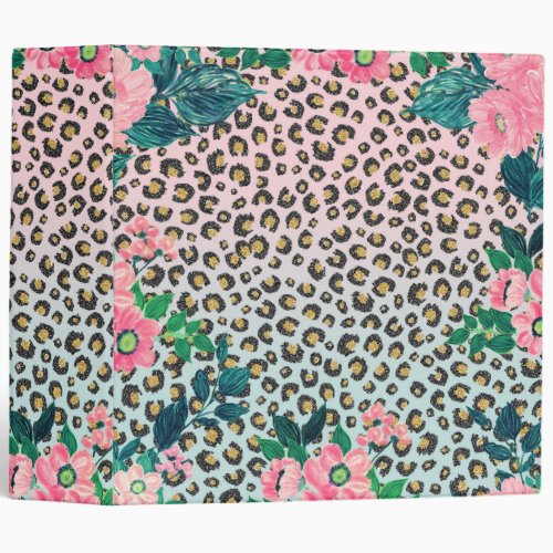 Girly Pink Mint Ombre Floral Glitter Leopard Print 3 Ring Binder