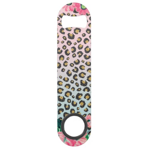 Girly Pink Mint Ombre Floral Glitter Leopard Print Bar Key