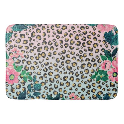 Girly Pink Mint Ombre Floral Glitter Leopard Print Bath Mat