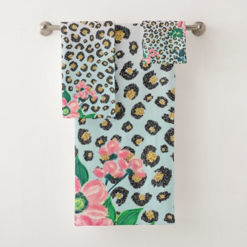 Girly Pink Mint Ombre Floral Glitter Leopard Print Bath Towel Set
