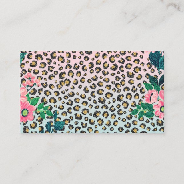 Girly Pink Mint Ombre Floral Glitter Leopard Print Business Card (Front)