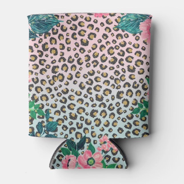 Girly Pink Mint Ombre Floral Glitter Leopard Print Can Cooler (Front)