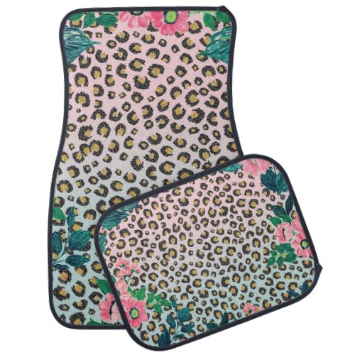 Girly Pink Mint Ombre Floral Glitter Leopard Print Car Floor Mat