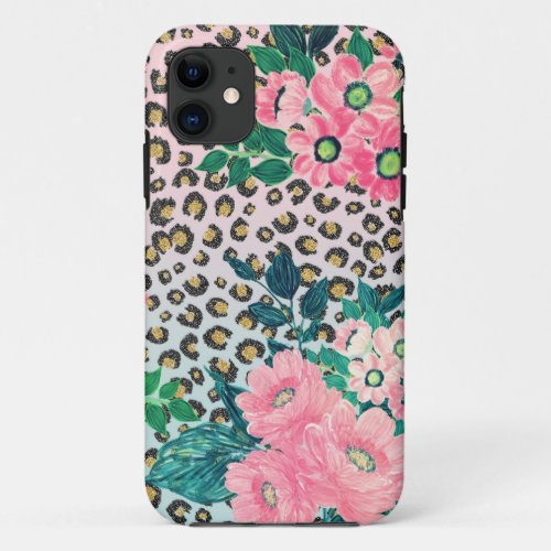 Girly Pink Mint Ombre Floral Glitter Leopard Print iPhone 11 Case