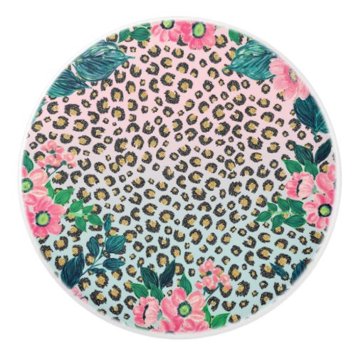 Girly Pink Mint Ombre Floral Glitter Leopard Print Ceramic Knob